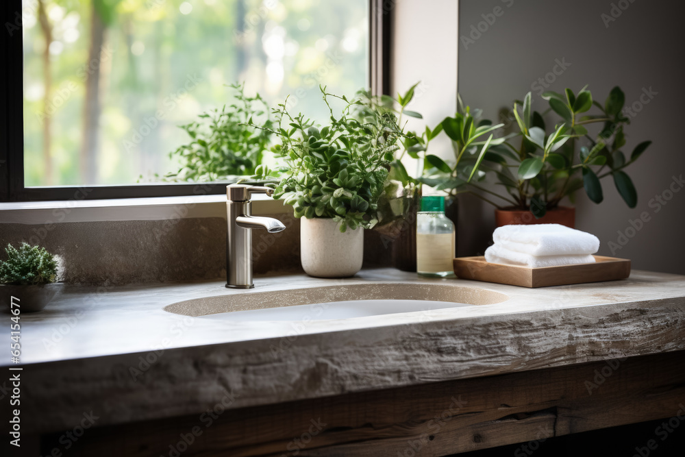 Poster eco-friendly modern bathroom features recycled material counter background with empty space for text