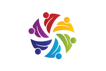 Logo teamwork six people around in a leaf shape colorful icon image circle unity voluntary conceptual ecology farmer agriculture team logo vector image design