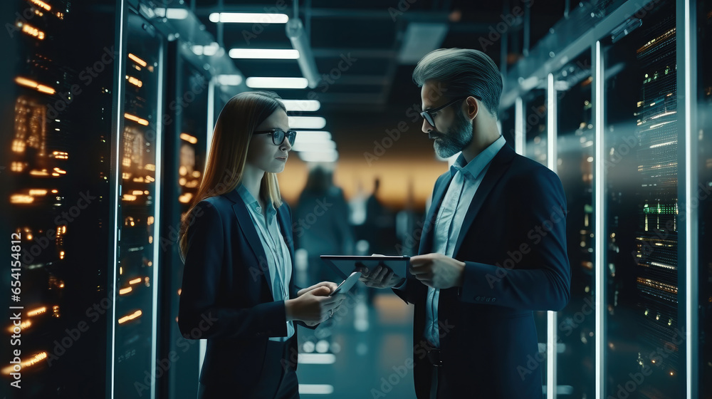 Leinwandbilder it advisors working and discussing in server room.