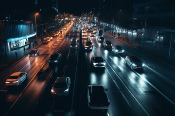 Fototapeta na wymiar Busy urban road at night with cars. Generative AI