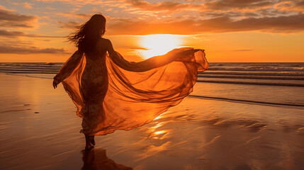 Woman enjoying a peaceful moment at a tropical beach during sunset, capturing the essence of paradise and summer lifestyle.