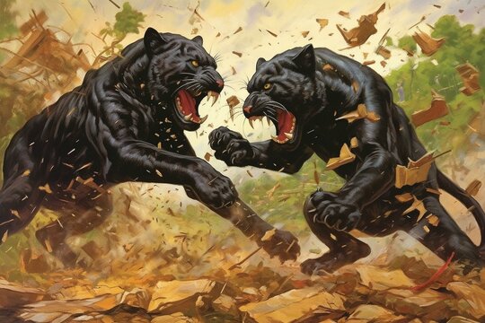 Artwork depicting intense combat between black panthers. Generative AI