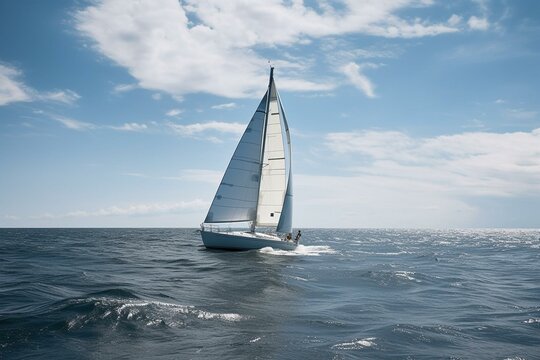 A sailboat elegantly sails on the undulating waves of a clear and untouched sea. Generative AI