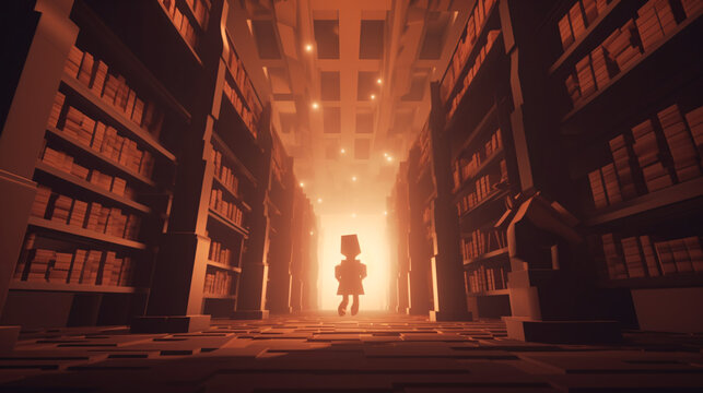 Eerie atmosphere of a haunted library with ancient books and dark shadows, creating a mysterious and supernatural ambiance.