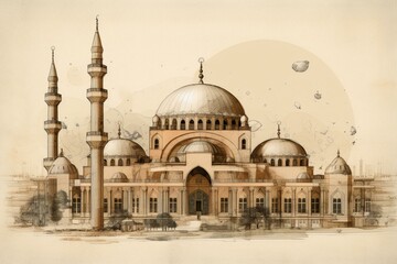 Fototapeta na wymiar A sketch of a mosque with a circular backdrop. Generative AI