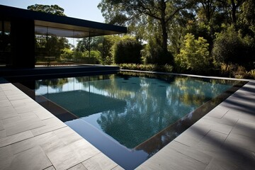 Unique contemporary pool design featuring a stunning infinity edge. Generative AI