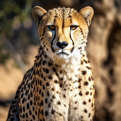 Portrait of a cheetah (Acinonyx jubatus) sitting upright, South Africa