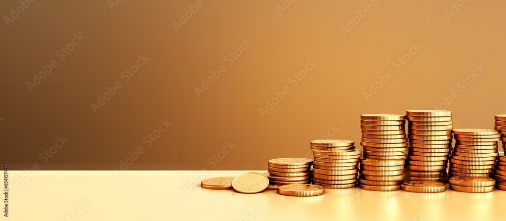 Poster piles of gold coins displayed on isolated pastel background copy space