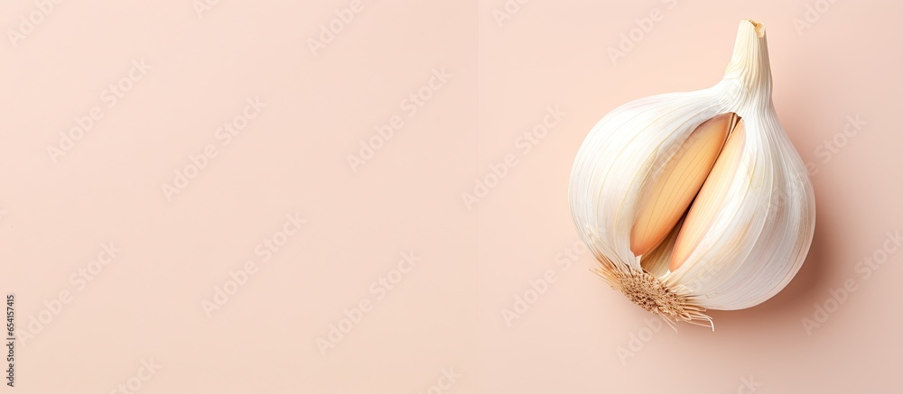 Poster one garlic clove alone isolated pastel background copy space with slight color correction