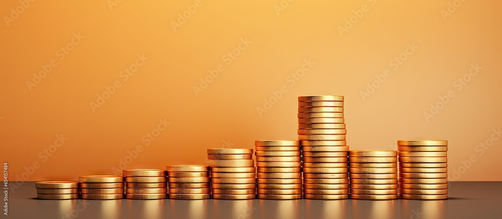 Poster piles of gold coins displayed on isolated pastel background copy space