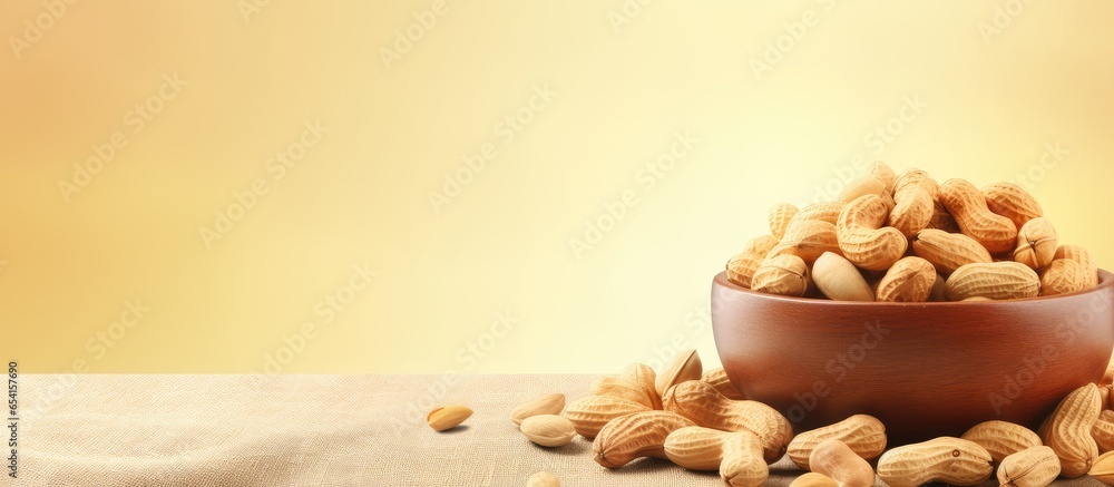 Poster peanuts in a brown bowl on a isolated pastel background copy space used for making oil and peanut bu