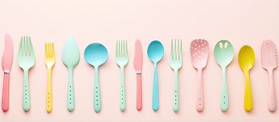Neatly arranged colorful childrens kitchenware on an isolated pastel background Copy space utensils top view - obrazy, fototapety, plakaty