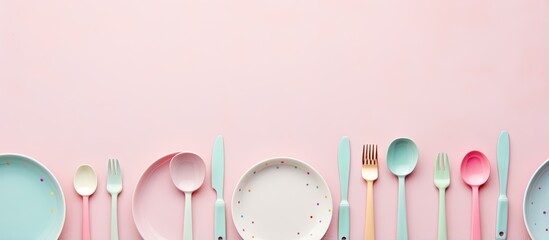 Neatly arranged colorful childrens kitchenware on an isolated pastel background Copy space utensils top view - obrazy, fototapety, plakaty