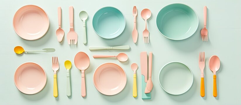 Neatly arranged colorful childrens kitchenware on an isolated pastel background Copy space utensils top view