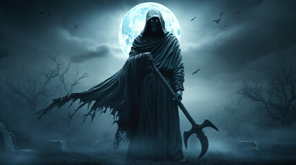 scary halloween witch standing in the front of huge moon - obrazy, fototapety, plakaty