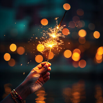 A hand holding fire sparkler Happy Diwali background - ai generative