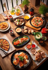 a group of plates that include pizza and salad alongside dishes which belong to a chef