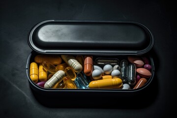 Fototapeta Pill box daily take a medicine, with colorful of pills, tablets, and capsules. obraz