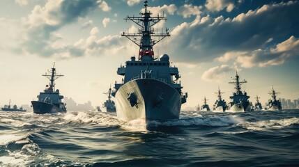 Group of Military Ships at Sea, Guided-missile destroyer. - obrazy, fototapety, plakaty