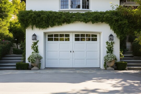 Garage door with a driveway in front.