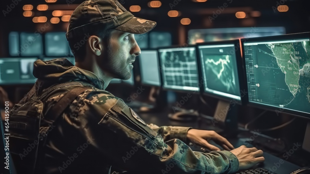 Aufkleber military surveillance officer is working in a central office hub, tracking operation focused on cybe