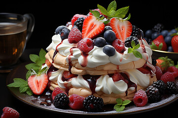 Fototapeta Generative AI - A pavlova cake decorated with berries obraz