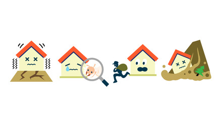 地震・白アリ・盗難・土砂崩れの災害にあう家のベクターアイコンセット