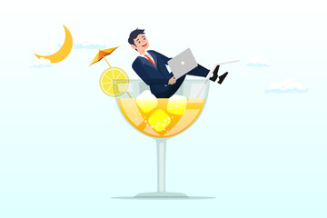 Businessman relax working remotely with computer laptop in cocktail glass at night, work anywhere anytime, hybrid work or flexible hour for employee choice to choose where and when to work (Vector) - obrazy, fototapety, plakaty