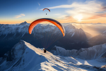 photo of paragliders soaring above snow-covered mountains, showcasing the beauty of winter paragliding