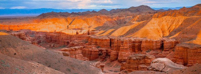 Natural unusual landscape red canyon of unusual beauty is similar to the Martian landscape, the Charyn canyon - obrazy, fototapety, plakaty