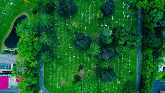flyover top down aerial of Diamond Lake Cemetery on Townline Rd, Mundelein, Illinois USA 60060