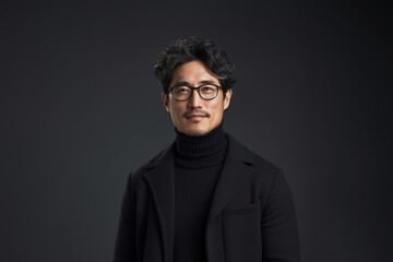 Fototapeta premium Portrait of a smiling Asian businessman wearing glasses and black suit with looking at the camera in confidently while standing alone in a dark wall background.