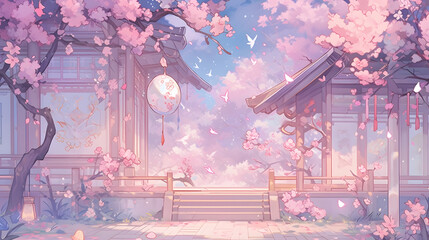 Cherry blossom background. Spring landscape with blooming sakura and wooden house in the Japanese anime background. - obrazy, fototapety, plakaty