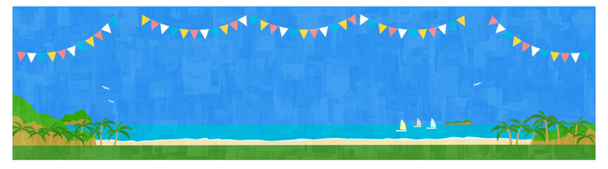 Fototapeta 夏の海辺とガーランド　背景素材　横位置 obraz