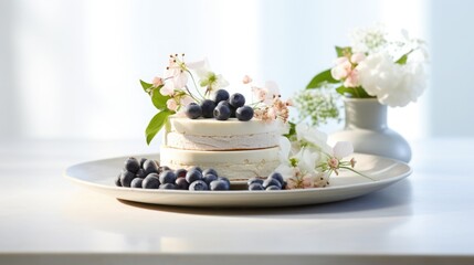 The effortless elegance of sponge cake and whipped cream. Airy and light dessert. Minimalist composition with exquisite baking details