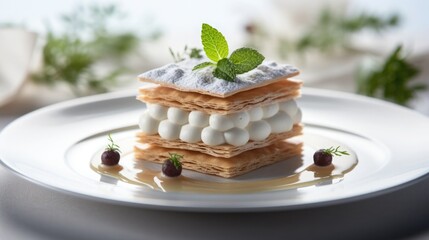 The effortless elegance of sponge cake and whipped cream. Airy and light dessert. Minimalist composition with exquisite baking details