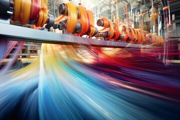 a textile factory floor with spinning machines creating threads. Motion blur from long exposure illustrates the seamless weaving process