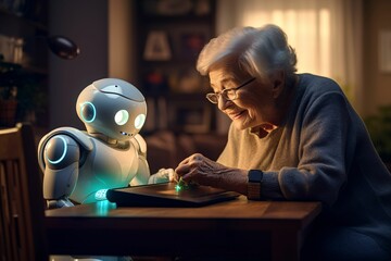 an elderly woman, her wrinkled hands adjusting the settings on a friendly-looking household robot assistant, highlighting the bond and reliance on technology - obrazy, fototapety, plakaty