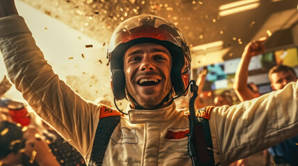 Race car driver celebrating the win with champagne spray, Winner, Champion. - obrazy, fototapety, plakaty