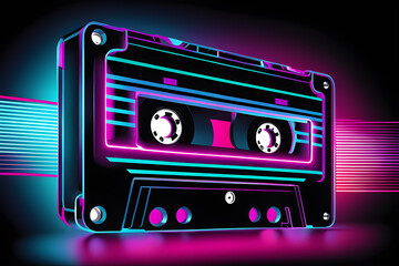 A vibrant vector of a cassette tape with neon-colored lines