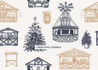 Fototapeta Christmas market background. Hand-drawn vector illustration. Holiday marketplace border design. European architecture seamless pattern. Christmas tree, wooden stall, candy shop, mulled wine sketches obraz