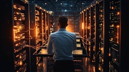 IT Professional Admin man working in a large computer server farm.