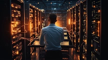 Fotobehang IT Professional Admin man working in a large computer server farm. © visoot