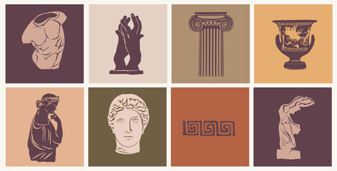 Fototapeta Various Antique statues. Heads of woman, male torso, Nika, hands, amphora. Mythical, ancient Greece style. Classic statues icon set. Hand drawn Vector illustrations isolated on boho palette background obraz