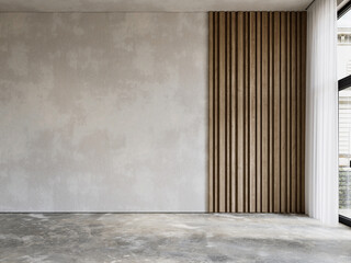 Empty interior with concrete blank wall and wood wall panel. 3d render illustration mockup.