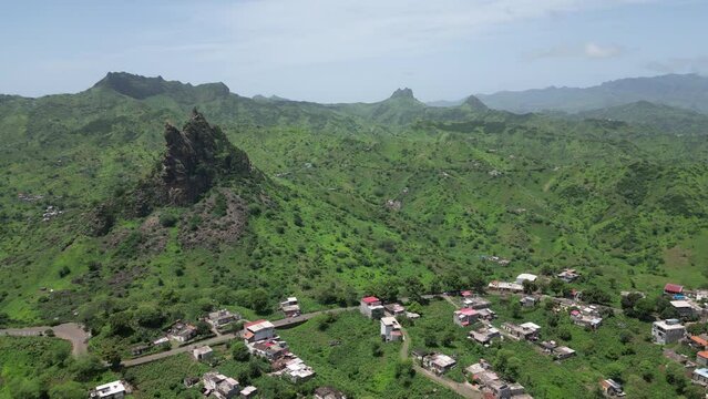 Cape Verde Aerial View. Mountainous Green Santiago Island Landscape. The Republic of Cape Verde is an island country in the Atlantic Ocean. Africa. 