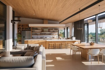 Aesthetic kitchen and living room with appliances, dining area, wooden ceiling, open balcony on sunny day. Modern design concept. Generative AI