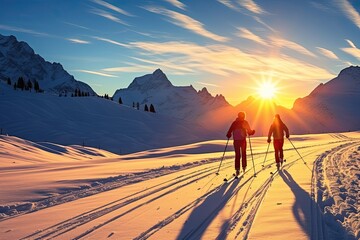 Fototapeta na wymiar Skiers on a sunny winter morning in Italy Alps, South Tirol, Solda on sunset