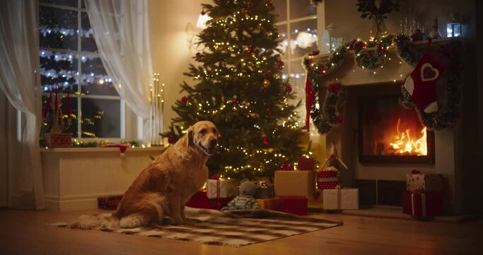 Cute Purebred Golden Retriever Enjoying the Warmth Inside on a Winter Snowy Night: Dog Resting Next to a Fireplace Decorated Christmas Ornaments, Garlands and Stockings. Magical Time of a Holiday