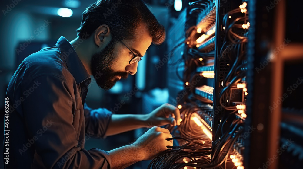 Poster it engineer man checking servers in big data center.